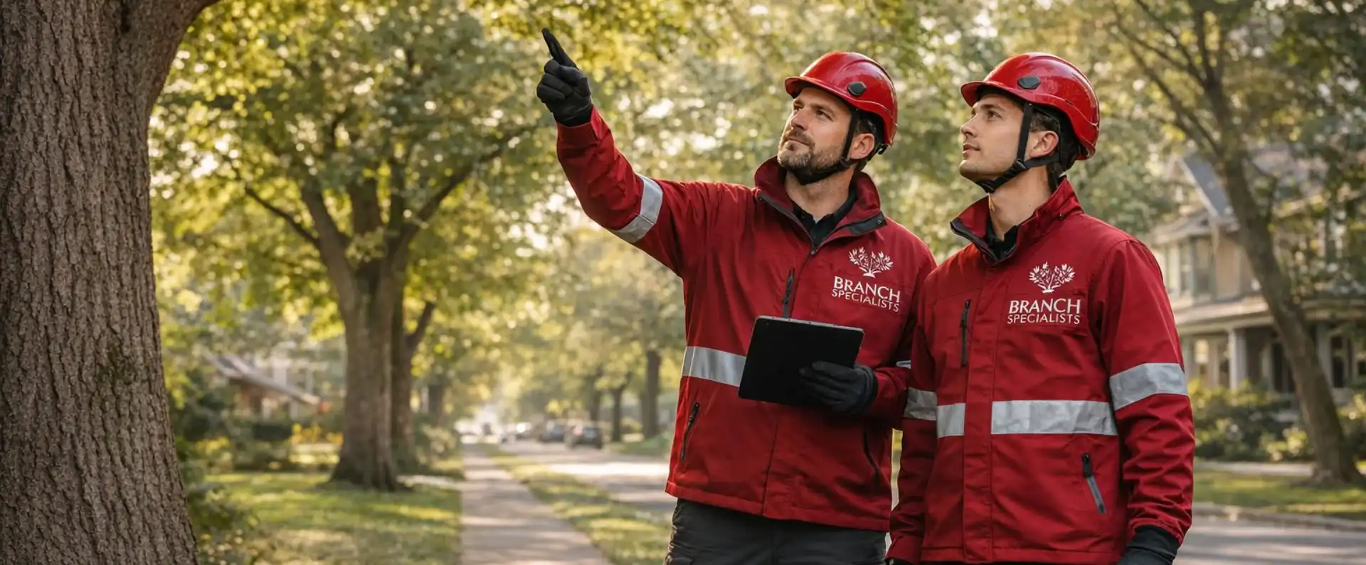 Branch Specialists arborist consultation in Syracuse NY with two professionals inspecting a tree and planning pruning service