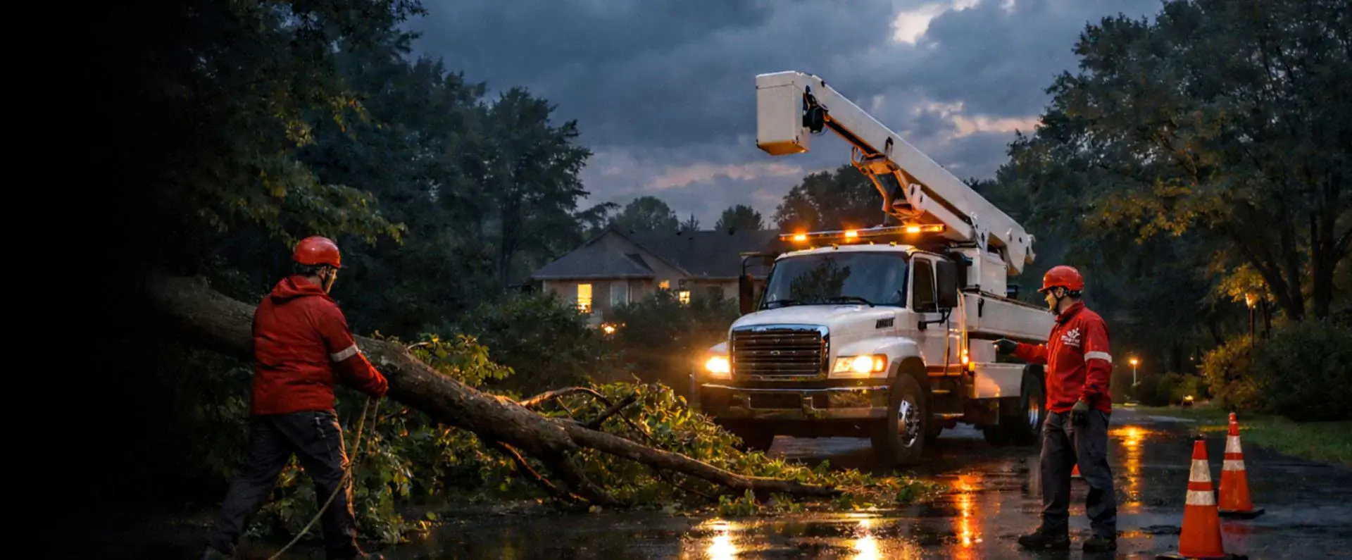Emergency tree service in Syracuse NY with crew responding after a storm and securing a fallen limb near a driveway