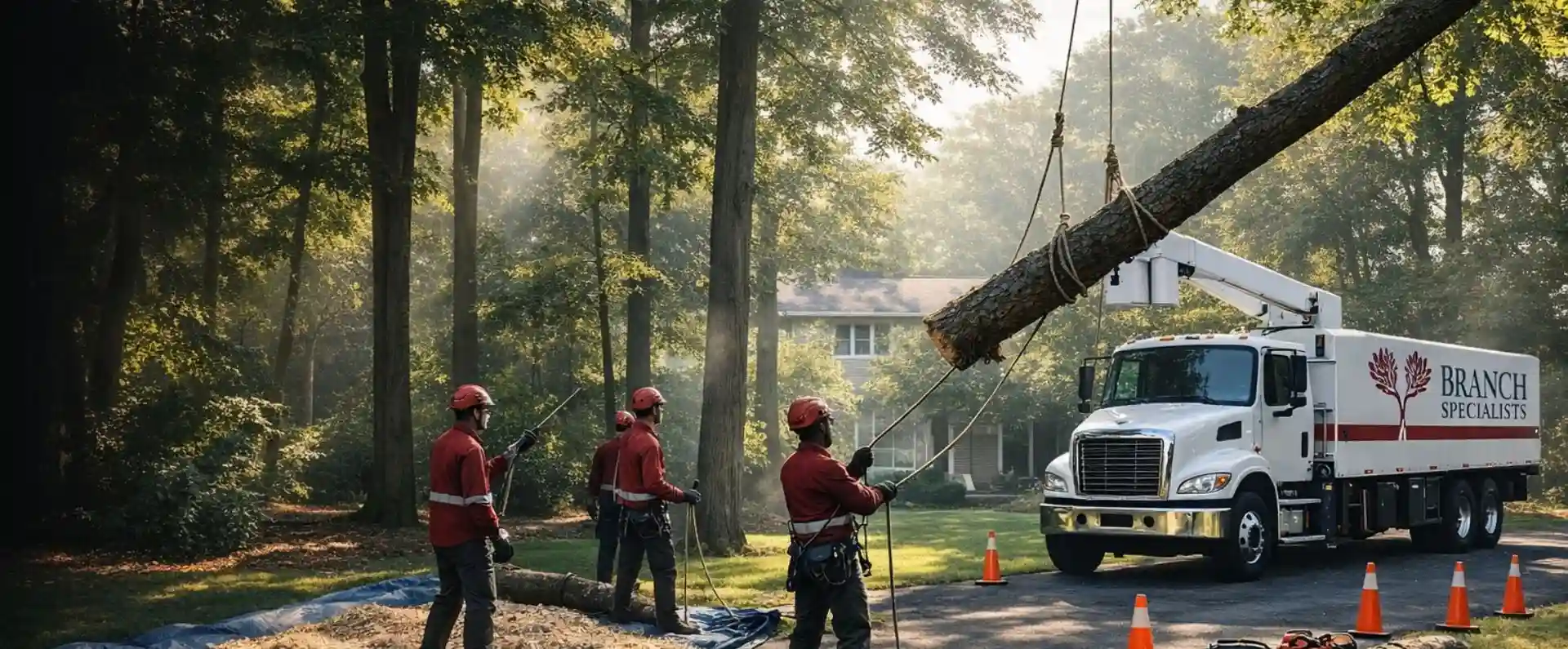 Professional tree service crew in Syracuse NY safely lowering a large branch with ropes and bucket truck on site