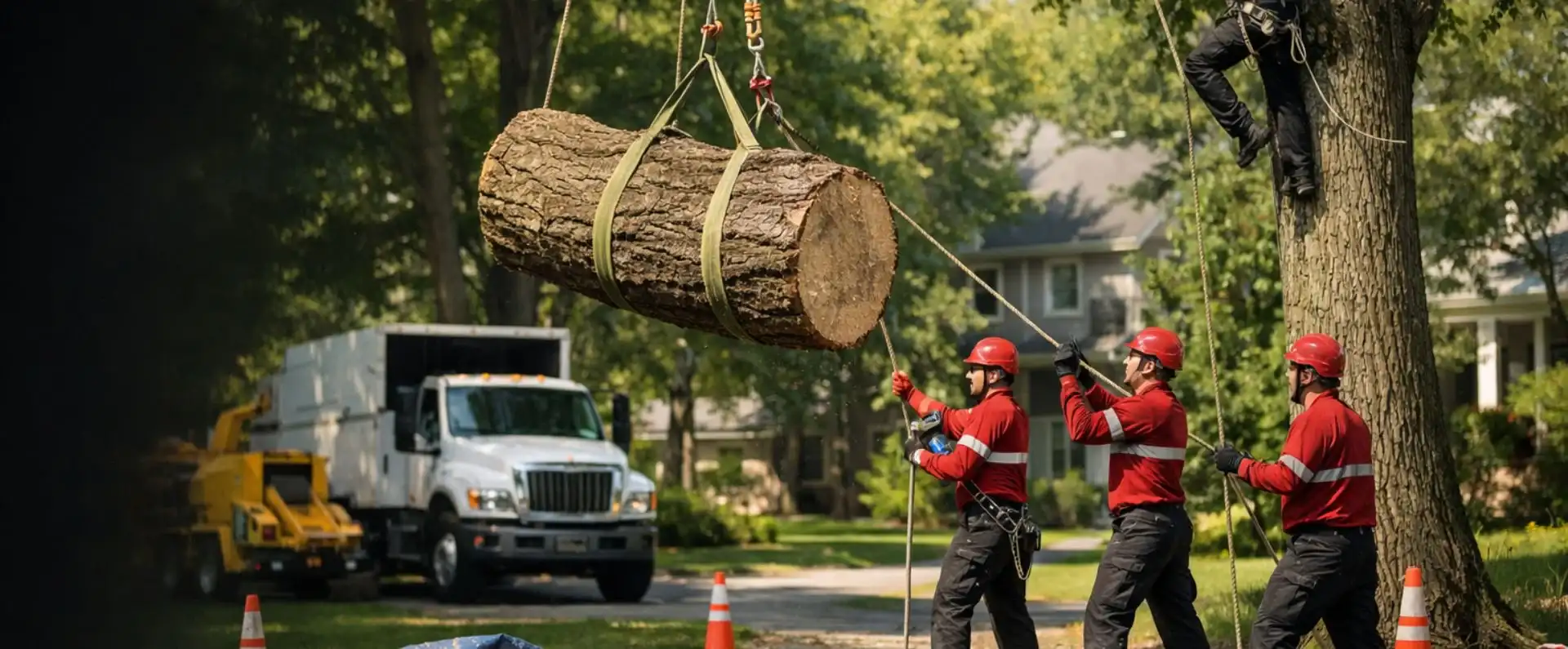 Tree removal service in Syracuse NY with red-helmet crew safely lowering a large limb using ropes on a clean job site